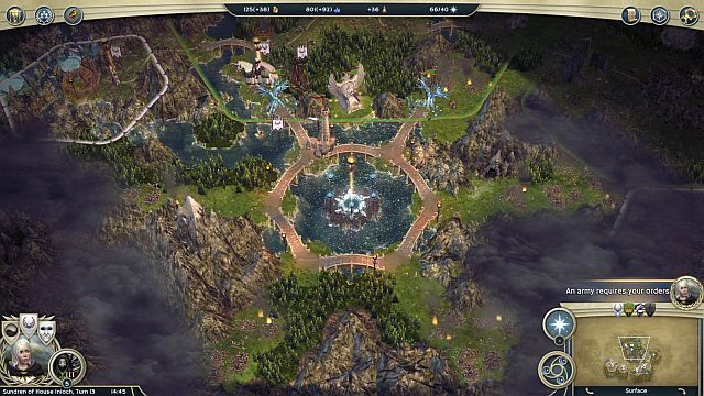 Centralny punkt na mapie, a tuż ponad nim ostateczny cel - stolica przeciwnika. - Rada praźródeł | Kampania Elfiego Dworu w Age of Wonders III - Age of Wonders III - poradnik do gry