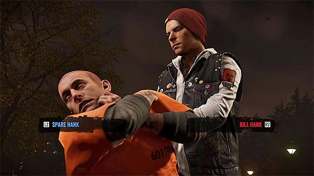 Po zbliżeniu się do Hanka (warto do niego podlecieć) i wyprowadzeniu wymierzonego w jego stronę dowolnego ataku (nawet najsłabszego) gra wyświetli cut-scenkę z jego udziałem i zostaniesz tu zmuszony do podjęcia nowej ważnej decyzji (powyższy obrazek) - 15 - Quid pro Quo - odnalezienie Hanka - Opis przejścia - inFamous: Second Son - poradnik, opis przejścia, miasto 