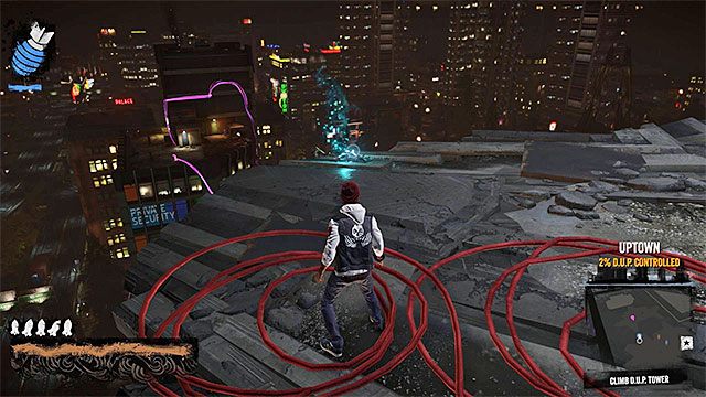 2) Odłamki (Blast Shards) - Dotarcie do jednego z odłamków w dzielnicy Uptown staje się możliwe dopiero po dostatecznym awansowaniu w głównym wątku fabularnym gry, albowiem znajduje się on na niedostępnej początkowo wysoko położonej półce (dron jest przy granicy oddzielającej dzielnice Uptown i Wate - Uptown - Trudniejsze aktywności - Miasto - inFamous: Second Son - poradnik, opis przejścia, miasto 