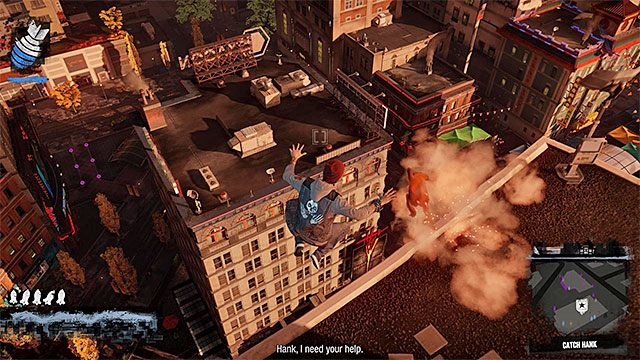 Utrzymuj się cały czas blisko Hanka, wykorzystując pozostawiane przez niego ślady i wskazania mini-mapy do dokładniejszej nawigacji - 14 - The Return - Opis przejścia - inFamous: Second Son - poradnik, opis przejścia, miasto