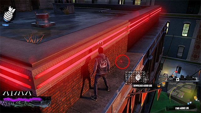 3) Dziennik audio (Audio Log) - Po rozpoczęciu poszukiwań dziennika audio musisz dotrzeć na dach jednego z pobliskich budynków, a następnie zeskoczyć na pokazany na powyższym obrazku gzyms - Rainier - Trudniejsze aktywności - Miasto - inFamous: Second Son - poradnik, opis przejścia, miasto
