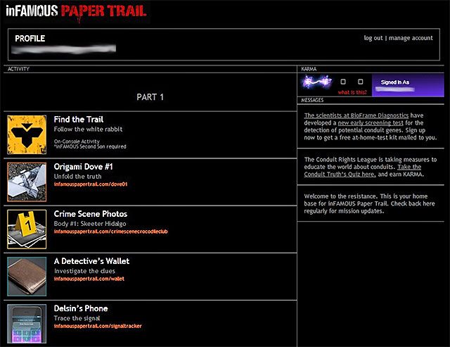 Główne okno profilu - Rozdział 1, część 1 - czynności do wykonania poza grą - Tajemnice inFamous (inFamous Paper Trail) - inFamous: Second Son - poradnik, opis przejścia, miasto 