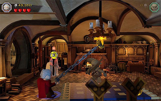 Zrzuć żyrandol z pomocą cepa i użyj następnie łopaty - Etap 2 (An Unexpected Party) - LEGO The Hobbit - poradnik do gry