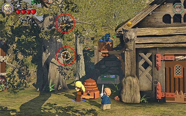 Musisz użyć łuku i następnie zacząć doskakiwać elfem do strzał wbitych w drzewo - Etap 9 (Queer Lodgings) - LEGO The Hobbit - poradnik do gry