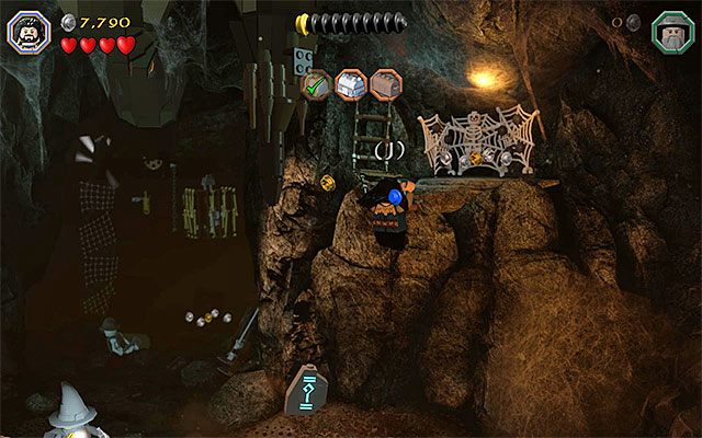 Odbijaj się od Bombura, próbując doskoczyć do górnej prawej półki - Etap 5 (The Troll Hoard) - Zbadanie jaskini - LEGO The Hobbit - poradnik do gry