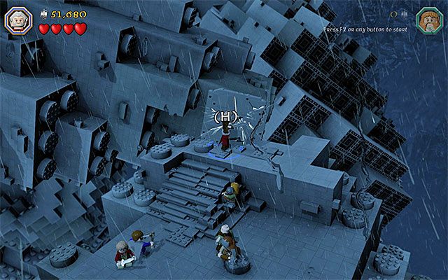 Do zniszczenia płyty musisz zaangażować dwóch bohaterów działających w kooperacji - Etap 6 (Over Hill and Under Hill) - Wspinaczka po kamiennym olbrzymie - LEGO The Hobbit - poradnik do gry