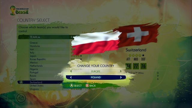 Po wciśnięciu przycisku zamiany zespołu (Replace Team) naszym oczom ukazuje się okienko, w którym możemy odnaleźć komplet reprezentacji znajdujących się w grze - 2014 FIFA World Cup | Jak awansować i zagrać na Mistrzostwach Świata reprezentacją Polski? - 2014 FIFA World Cup Brazil - poradnik do gry