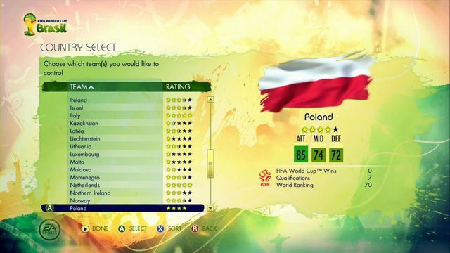 Panel wyboru reprezentacji pozwala nam na wskazanie zespołu, nad którym obejmujemy kontrolę - na wyświetlonej liście odszukujemy Polskę - Road to the FIFA World Cup | Jak awansować i zagrać na Mistrzostwach Świata reprezentacją Polski? - 2014 FIFA World Cup Brazil - poradnik do gry