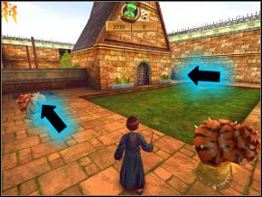 Strzałki wskazują dwa miejsca pokryte roślinnością, którą trzeba usunąć, a następnie wepchnąć na nie po jednym ślimaku - Sala Treningowa Diffindo | Nauka Diffindo w Harry Potter i Komnata Tajemnic - Harry Potter i Komnata Tajemnic - poradnik do gry