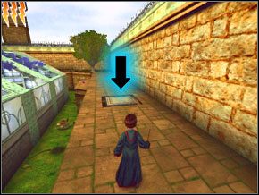 Zauważysz klapę w podłodze - skocz na nią, a most na dach się otworzy - Ogród | Nauka Diffindo w Harry Potter i Komnata Tajemnic - Harry Potter i Komnata Tajemnic - poradnik do gry