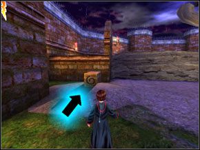 Przesuń pokazany na rysunku klocek zaklęciem Flipendo, aby móc wskoczyć na mur, a z niego przeskoczyć dalej - Wierzba Bijąca | Powitanie w Harry Potter i Komnata Tajemnic - Harry Potter i Komnata Tajemnic - poradnik do gry