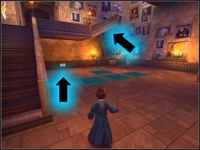 Po ujrzeniu Rona i Hermiony zejdź po schodach na dół - W drodze do pokoju | Powitanie w Harry Potter i Komnata Tajemnic - Harry Potter i Komnata Tajemnic - poradnik do gry