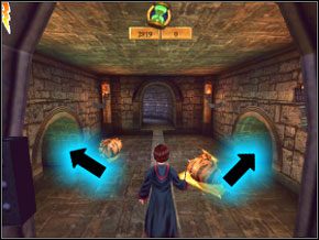 Idź korytarzem, ogłusz dwa ślimaki i wrzuć je tam, gdzie pokazany jest ich symbol, a dostaniesz parę fasolek - Sala Treningowa Rictusempry | Nauka Rictusempry - Harry Potter i Komnata Tajemnic - poradnik do gry