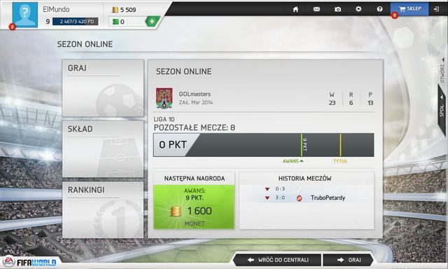 W tym trybie starasz się zajść jak najwyżej w hierarchii sieciowych rozgrywek ligowych, wspinając się po szczeblach 10 kolejnych klas rozgrywkowych - Moduły zabawy - FIFA Ultimate Team - FIFA World - poradnik do gry