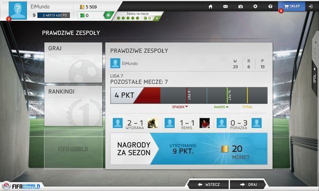 Główny ekran tego trybu zawiera kilka interesujących ekranów oraz informacji mogących pomóc Ci w osiąganiu progresu w rozgrywce - Prawdziwe zespoły - FIFA World - poradnik do gry