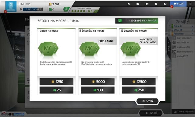 Oto panel zakupu żetonów na mecze w trybie 'Prawdziwe zespoły'. - Żetony na mecze - Prawdziwe zespoły - FIFA World - poradnik do gry