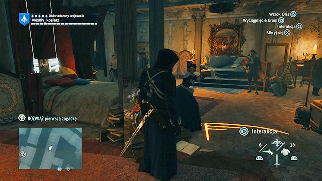 Pierwszą odpowiedź znajdziesz na podłodze rezydencji de Sadea, przed łóżkiem - Zadania poboczne | Porte-Saint-Denis - mapa w AC Unity - Assassins Creed: Unity - poradnik do gry
