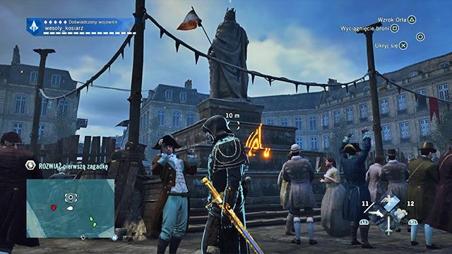 Pierwszą odpowiedź znajdziesz na placu Vendome, na podstawie posągu, za plecami króla - Zadania poboczne | Feydeau - mapa w AC Unity - Assassins Creed: Unity - poradnik do gry