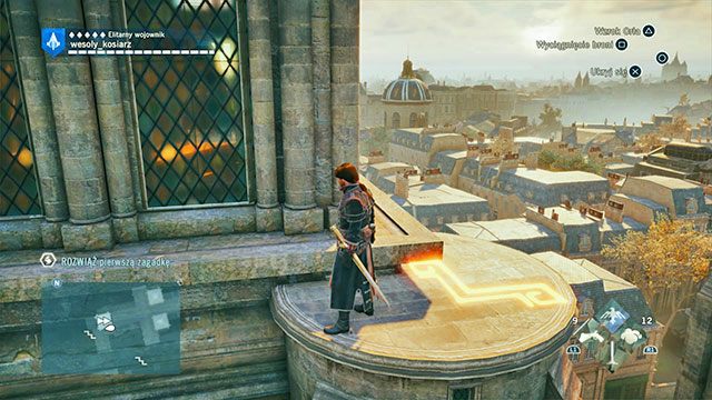 Pierwsza odpowiedź znajduje się na dachu miejscowego kościoła, na szczycie wieżyczki wbudowanej w główną wieżę - Paryskie Opowieści | Faubourg Saint-Germain - mapa w AC Unity - Assassins Creed: Unity - poradnik do gry