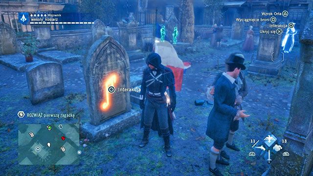 Pierwszą odpowiedź znajdziesz na cmentarzu położonym w sąsiedztwie symbolu, na nagrobku obok francuskiej flagi - Zadania poboczne | Cite - mapa w AC Unity - Assassins Creed: Unity - poradnik do gry