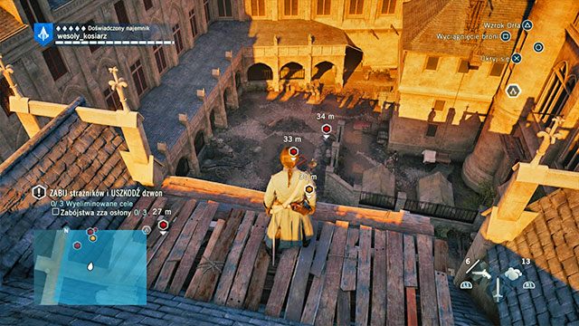 Pierwsze zadanie polega na wyeliminowaniu trzech przeciwników oraz uszkodzenie dzwonu - 01 - Nauka | Solucja AC Unity - Assassins Creed: Unity - poradnik do gry