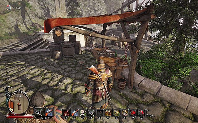 W trakcie pobytu w porcie we wschodniej części wyspy Taranis rozejrzyj się za pokazaną na powyższym obrazku mapą (Treasure Map) (punkt 5 na mapie) - The Treasure in the Woods of Taranis (Skarb w lesie Taranis) | Poboczne zadania - Taranis - Risen 3: Władcy Tytanów - poradnik do gry