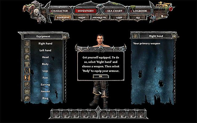 Zanim opuścisz kajutę dobrze byłoby założyć wszystkie dostępne w tym momencie elementy ekwipunku - Ready for the Island (Przygotowanie do wyprawy na wyspę) | Główne zadania - Wybrzeże Krabów (Crab Coast) - Risen 3: Władcy Tytanów - poradnik do gry