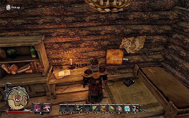 W jednej z chatek w wiosce rybackiej (punkt 4 na mapie) odnajdziesz pokazaną na powyższym obrazku mapę skarbu (Treasure Map) - The Treasure on the Beach of Calador (Skarb na plaży Calador) | Poboczne zadania - Calador - Risen 3: Władcy Tytanów - poradnik do gry