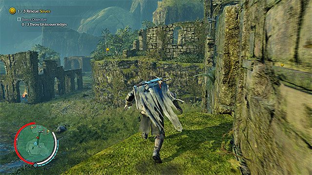 Rozglądaj się przy krawędzi górnej półki za okazjami do zrzucania orków - The Name of Power (Imię mocy) | Misje ratowania ludzi w Środziemie Cień Mordoru - Śródziemie: Cień Mordoru - poradnik do gry