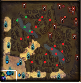 Zielone kropki oznaczają miejsca gdzie, jako Jax grający na górnej linii potrzebujesz samemu postawić sobie wardy, aby być w pełni chronionym przed gankami przeciwnika (oprócz Evelynn, na którą potrzeba ustawiać różowe wardy) - Sposób Gry | Jax | League of Legends - League of Legends - poradnik do gry