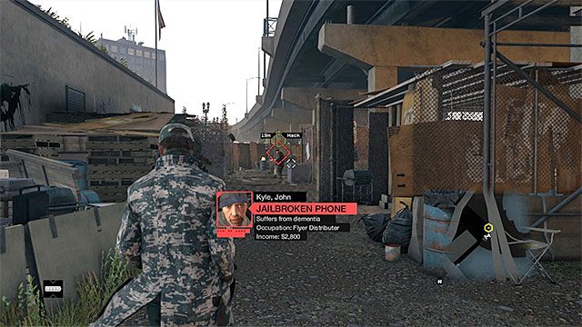 Uaktywnij Profiler (wciśnięcie klawisza/przycisku hakowania) i rozpocznij hakowanie bezdomnych przebywających w pobliżu nieczynnego sklepu Tobiasa - Misja 4 (One Foot in the Grave) | Główne misje - Akt II | Solucja Watch Dogs - Watch Dogs 1 - poradnik do gry