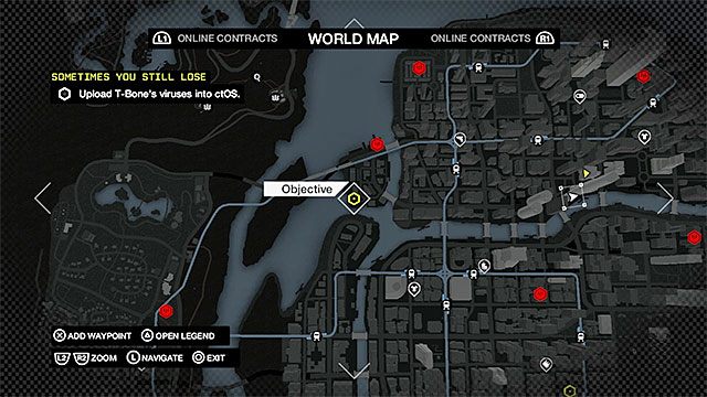 Twoje kolejne zadanie to wgranie wirusa do systemu ctOS-u i musisz tego dokonać w trzech różnych punktach rozmieszczonych po mieście - Misja 1 (Sometimes You Still Lose) | Główne misje - Akt V | Solucja Watch Dogs - Watch Dogs 1 - poradnik do gry
