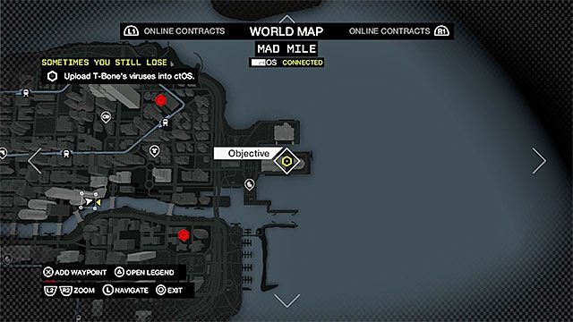 Ostatnie trzecie miejsce wgrania wirusa znajduje się w odwiedzanym już wcześniej centrum kontroli ctOS-u we wschodniej części dzielnicy Mad Mile (powyższy obrazek) - Misja 1 (Sometimes You Still Lose) | Główne misje - Akt V | Solucja Watch Dogs - Watch Dogs 1 - poradnik do gry
