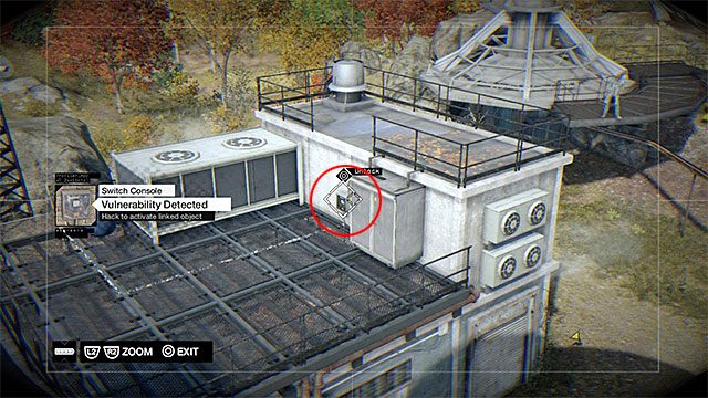 Pozostań na balkoniku i włam się do kamery zamontowanej przy widocznej w oddali innej antenie satelitarnej - Misja 1 (Hope Is a Sad Thing) | Główne misje - Akt III | Solucja Watch Dogs - Watch Dogs 1 - poradnik do gry
