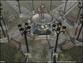 Przechodzimy na dziedziniec z fontanną - cztery ścieżki prowadzą do różnych części posiadłości - kolejno od lewej strony prowadzą do: fabryki, wiaty obok fabryki, dworzec i do domu z ogrodem (labirynt) - Poradnik do gry Syberia - [Część I] Valadilene - Syberia - poradnik do gry