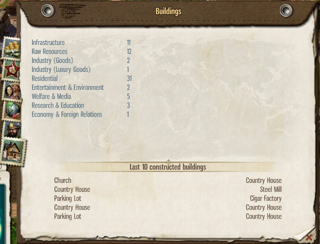 Ten ekran zawiera spis wszystkich budowli na wyspie - 6. Almanach w Tropico 5 - Tropico 5 w 10 prostych krokach