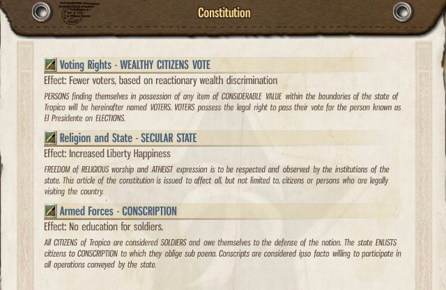 W opcjach Konstytucji tej ery masz do dyspozycji trzy opcje: Prawa wyborcze, Status państwa oraz Armię - 10. Konstytucja w Tropico 5 - Tropico 5 w 10 prostych krokach