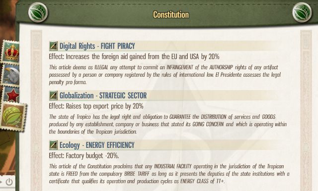 Czasy współczesne oferują ostatnie trzy artykuły: Prawa autorskie, Globalizacja i Ekologia - 10. Konstytucja w Tropico 5 - Tropico 5 w 10 prostych krokach