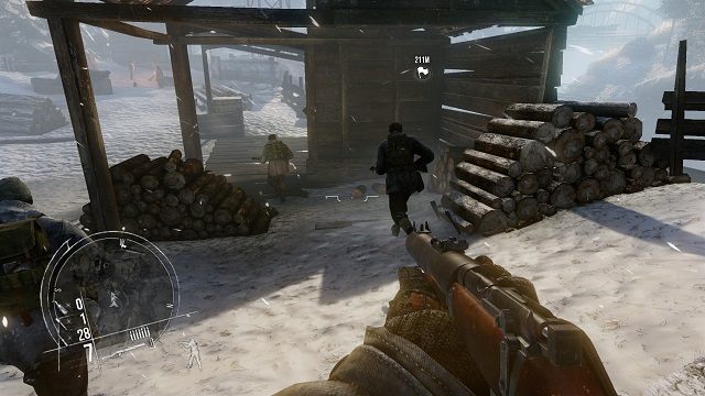 Ja na miejscu tych strażników już dawno zauważyłbym naszą gromadkę. - Misja 10 - Zima w Vemork (1) | Kampania dla jednego gracza w Enemy Front - Enemy Front - poradnik do gry