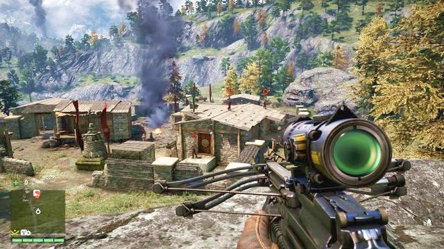 Ze skały masz dobry widok na przód obozu. Kluczowe będzie szybkie zabicie dwóch snajperów. - Pokhari Gara | Strażnice - Dwa alarmy | Far Cry 4 - Far Cry 4 - poradnik do gry
