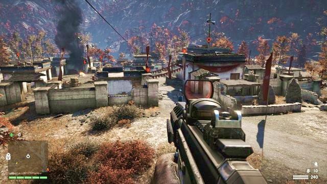 Po wyeliminowaniu snajperów możesz za pomocą tyrolki szybko dostać się na daszek w centrum obozu. - Punkt kontrolny Sahi Jile | Strażnice - Trzy alarmy | Far Cry 4 - Far Cry 4 - poradnik do gry