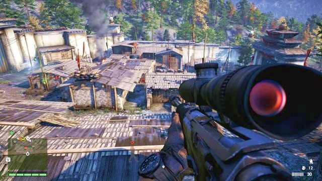 Jednym z szybszych sposobów będzie oczyszczenie obozu z przeciwników będzie użycie broni snajperskiej. - Ratu Gadhi | Fortece | Far Cry 4 - Far Cry 4 - poradnik do gry