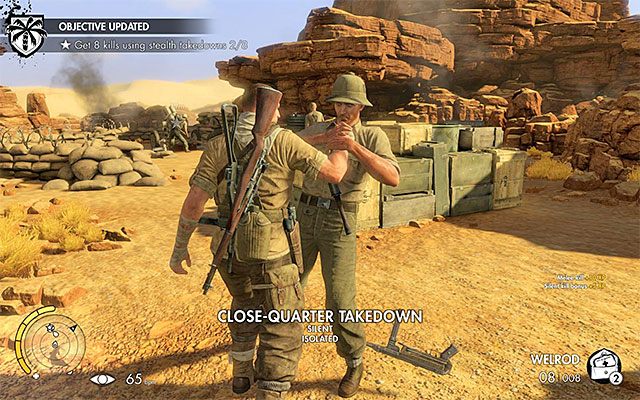 Po cichu zlikwiduj żołnierzy stojących niedaleko wyrzutni - Zneutralizowanie czterech wyrzutni rakietowych | Misja 1 - Siege of Tobruk - Sniper Elite III: Afrika - poradnik do gry