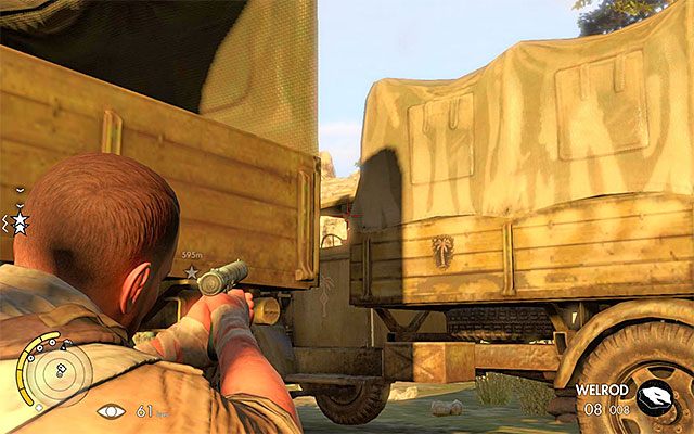 Jeden z wrogów siedzi w pojeździe - Zniszczenie pierwszej artylerii | Misja 3 - Halfaya Pass - Sniper Elite III: Afrika - poradnik do gry