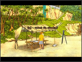 Pod płóciennym dachem namiotu, nad planami rozpostartymi na stole, pochylał się jakiś facet, który co i rusz podchodził do dziwnego urządzenia, wyglądającego jak teodolit - [George] KARAIBY - Plaża - Broken Sword II: The Smoking Mirror - poradnik do gry