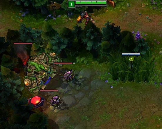 Jeśli nie jesteś pewny czy wrogi jungler nie czai się przy stworze posiadającym buffa, nie wahaj się wrzucić totemu do zarośli. Pamiętaj, że możesz zrobić to przez ścianę - Po drugie - Totemy i map awarness | Pięć elementów zdobywania przewagi w LoL - League of Legends - poradnik do gry