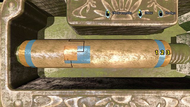 Przełącz się (1 klik) na walec nr 2 i obróć go w górę tak, by odsłonić widok w okienku i połączyć linie w nim z liniami na walcu nr 1 - Dowiedz się, co ukrywa Liam Hurtley - Los Czarnego Piotra - Sherlock Holmes: Zbrodnia i kara - poradnik do gry