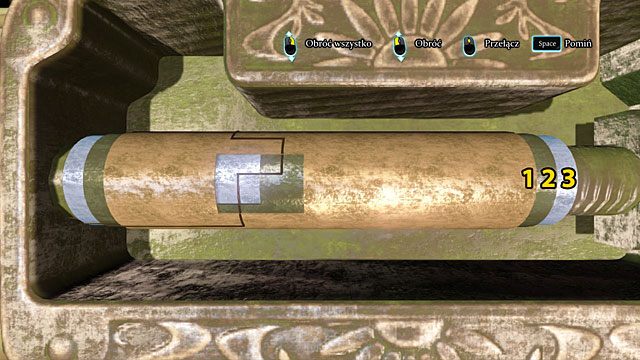 Przełącz się (1 klik) na walec nr 3 i obróć go tak, by dopasować linie w okienku do linii na walcu nr 1 - Dowiedz się, co ukrywa Liam Hurtley - Los Czarnego Piotra - Sherlock Holmes: Zbrodnia i kara - poradnik do gry