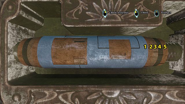 Obróć walec nr 1 tak, by przesunąć nieco w górę dwa znajdujące się u dołu okienka (lewe większe, prawe nieco mniejsze) - Zbadaj tory przy rozjeździe oraz kopalnie - Zagadka na torach - Sherlock Holmes: Zbrodnia i kara - poradnik do gry