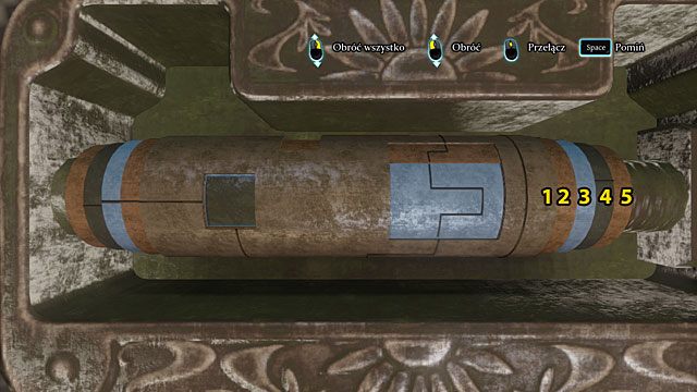 Obróć w dół równocześnie wszystkie walce, by na widoku znalazły się kolejne dwa okienka (lewe małe, a prawe duże) - Zbadaj tory przy rozjeździe oraz kopalnie - Zagadka na torach - Sherlock Holmes: Zbrodnia i kara - poradnik do gry